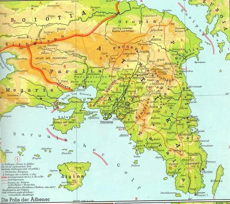 Χάρτης της Αττικής στην Αρχαιότητα Οι δήμοι της αρχαίας Αθήνας χαρακτηρίζονται με τρεις