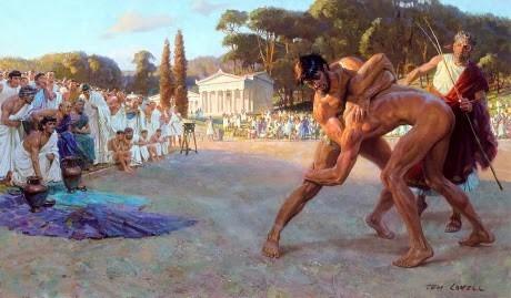 Καλλιτεχνική απεικόνιση σκηνής πάλης Δεξιά ο παιδοτρίβης Πηγή