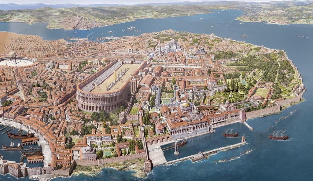 Καλλιτεχνική απεικόνιση της Κωνσταντινούπολης Διακρίνεται στο κέντρο ο Ιππόδρομος