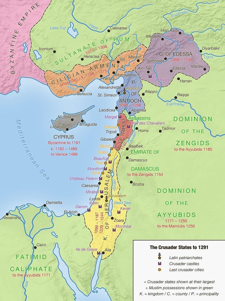 Τα κράτη των σταυροφόρων έως το έτος 1291: Στον χάρτη φαίνονται τα σταυροφορικά κράτη στη μεγαλύτερή τους έκταση.