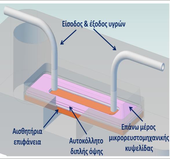 Η ενσωματωμένη με τη μικρορευστομηχανική κυψελίδα ψηφίδα τοποθετείται σε βάση από PMMA, η οποία φέρει εσοχή που επιτρέπει την εισαγωγή και σταθεροποίηση της ψηφίδας σε