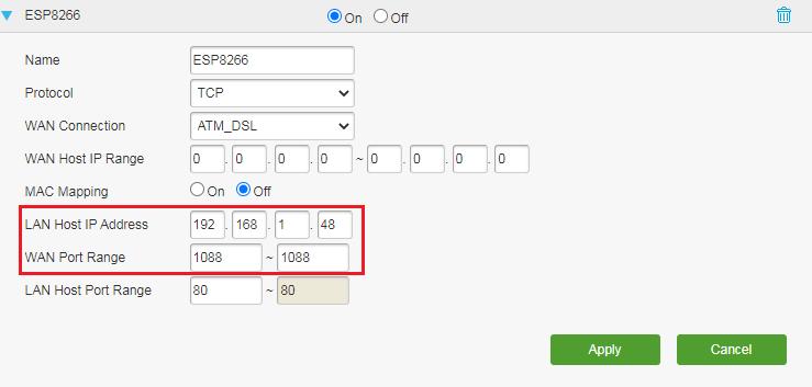 Εικόνα 10.3. Δημιουργία εγγραφής Port Forwarding για τον ESP. Με κόκκινο είναι σημειωμένα τα στοιχεία που χρειαζόμαστε.