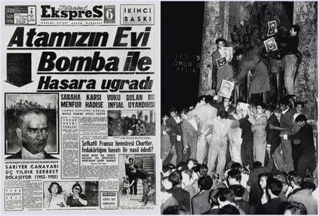 Το πρωτοσέλιδο της εφημερίδας «Ισταμπούλ Εξπρές» της 6ης Σεπτεμβρίου 1955 και τούρκοι διαδηλωτές. Συνέχεια από εδώ: http://www.pemptousia.gr/?