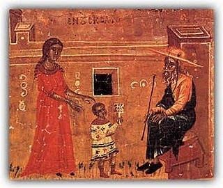 Η μητέρα συνοδεύει το παιδί της στο σχολείο Φορητή εικόνα από τη Μονή