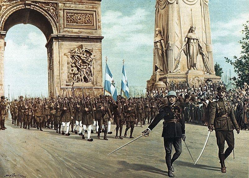 Ο ελληνικός στρατός παρελαύνει στην Αψίδα του Θριάμβου, στο Παρίσι, 14 Ιουλίου 1919