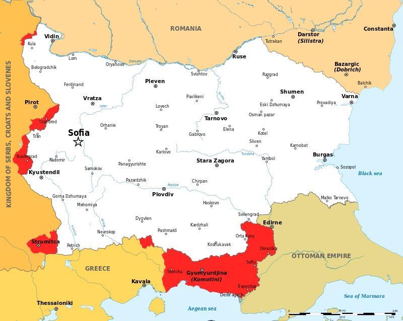 Με κόκκινο χρώμα τα εδάφη που παραχώρησε η Βουλγαρία με την συνθήκη του