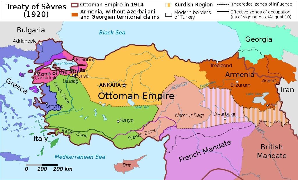 Χάρτης των εδαφών της Οθωμανικής Αυτοκρατορίας μετά την συνθήκη των