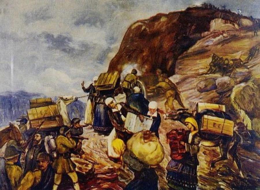 Οι γυναίκες της Πίνδου εφοδιάζουν τους στρατιώτες στο μέτωπο με ό,τι χρειάζονται Πίνακας του Έκτορα