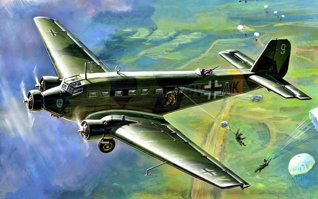Καλλιτεχνική απεικόνιση ρίψης αλεξιπτωτιστών από ένα γερμανικό Junkers JU-52 https://www.