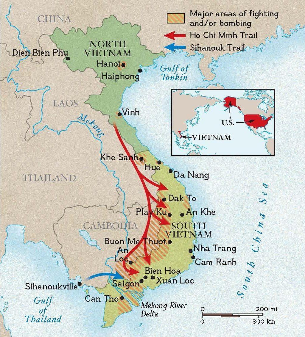 Χάρτης του Βιετνάμ και των επιχειρήσεων Βορείων και Νοτίων.