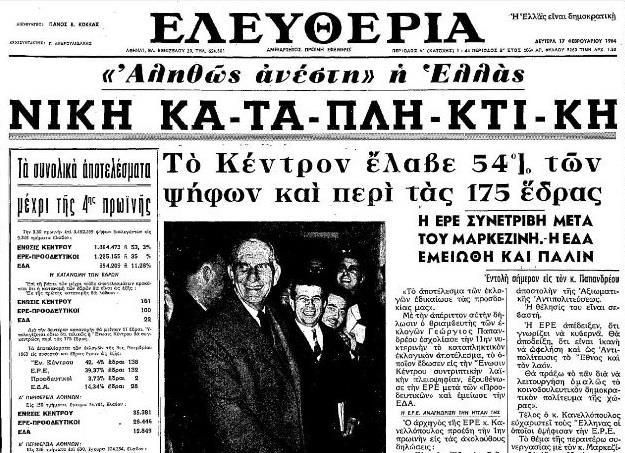 Πρωτοσέλιδο της «Ελευθερίας» της 17 ης Φεβρουαρίου 1964 Πηγή εικόνας: https://www.mixanitouxronou.