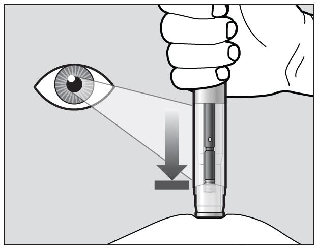 Ενδέχεται να ακουστεί ένας δεύτερος ήχος (κλικ) κατά τη χορήγηση της ένεσης, ωστόσο θα πρέπει να συνεχίσετε να πιέζετε σταθερά την προγεμισμένη πένα επάνω στο δέρμα, έως ότου ο δείκτης μωβ χρώματος