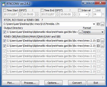RTKCONV: Με αυτή την εφαρμογή είναι δυνατή η μετατροπή αρχείων παρατηρήσεων σε άλλη μορφή, συνήθως μετατροπή σε RINEX. Έχει και τη δυνατότητα να μετατρέπει RINEX αρχεία σε παλιότερη έκδοση.