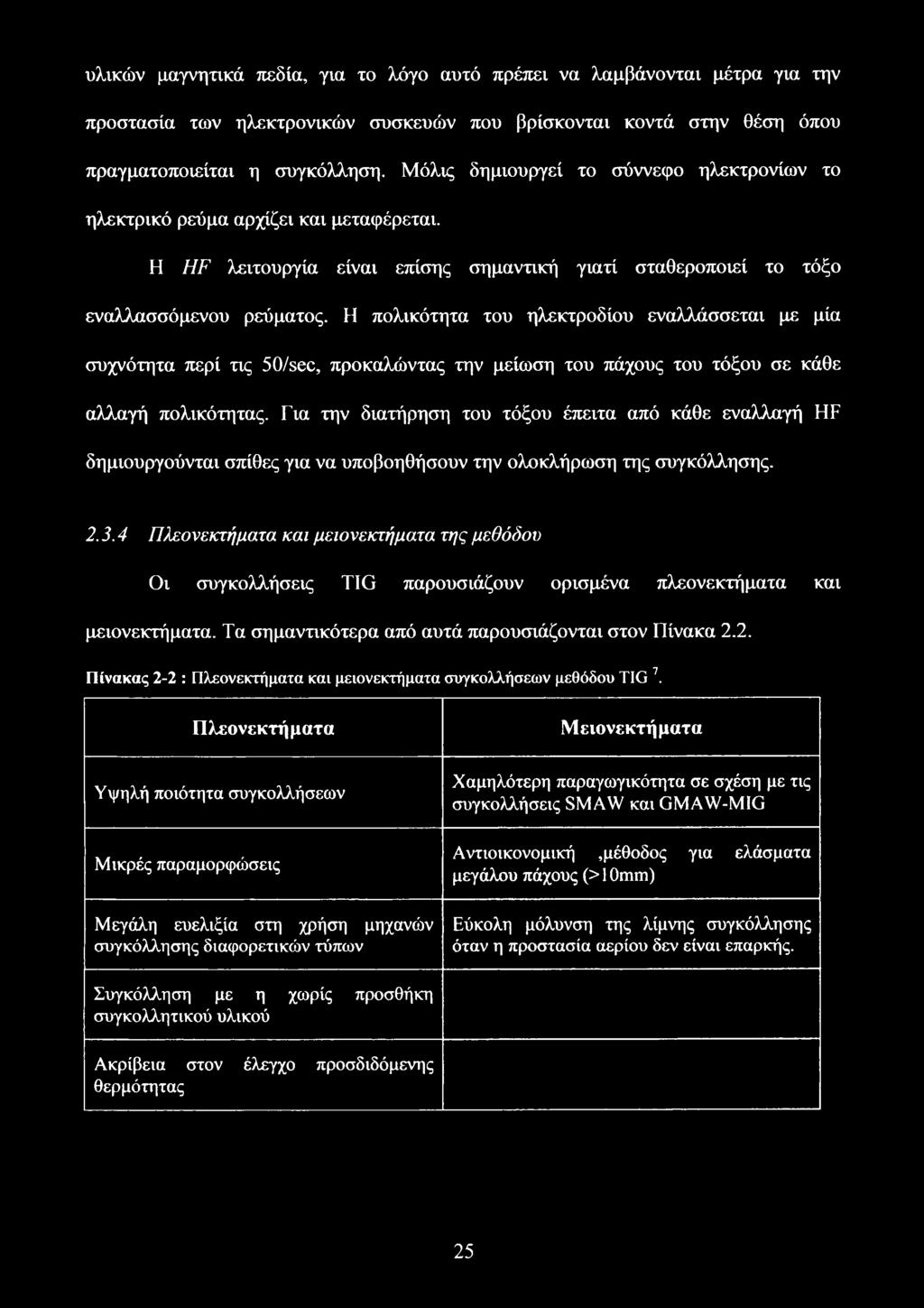 4 Πλεονεκτήματα και μειονεκτήματα της μεθόδου Οι συγκολλήσεις TIG παρουσιάζουν ορισμένα πλεονεκτήματα και μειονεκτήματα. Τα σημαντικότερα από αυτά παρουσιάζονται στον Πίνακα 2.