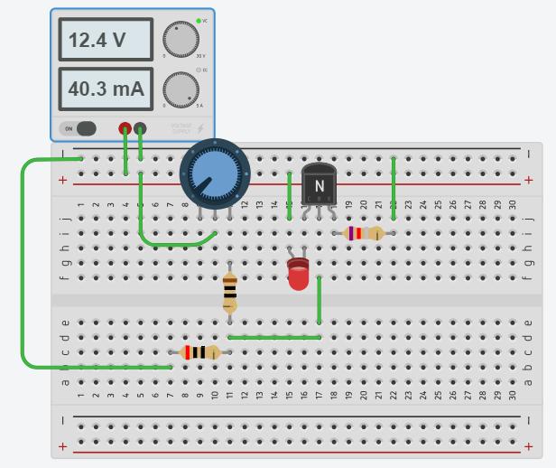 Στο παραπάνω κύκλωμα δημιουργείται μια μεταβλητή πηγή ρεύματος με σκοπό να ρυθμίζει τη φωτεινότητα του led. Στο συλλέκτη του τρανζίστορ συνδέεται η άνοδος του LED σε τάση 5volt.