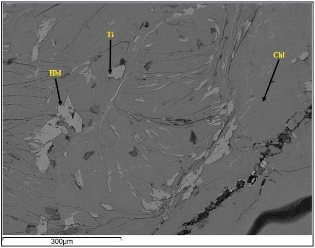 Εικόνα 90: Εικόνα οπισθοσκεδαζόμενων ηλεκτρονίων στην οποία απεικονίζεται η εξαλλοίωση κεροστίλβης σε χλωρίτη, τιτανίτη (Ti: τιτανίτης, Hbl: κεροστίλβη, Chl:χλωρίτης) 8.3.