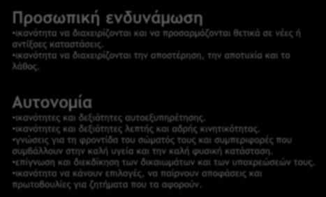 ικανότητες και δεξιότητες λεπτής και αδρής κινητικότητας.