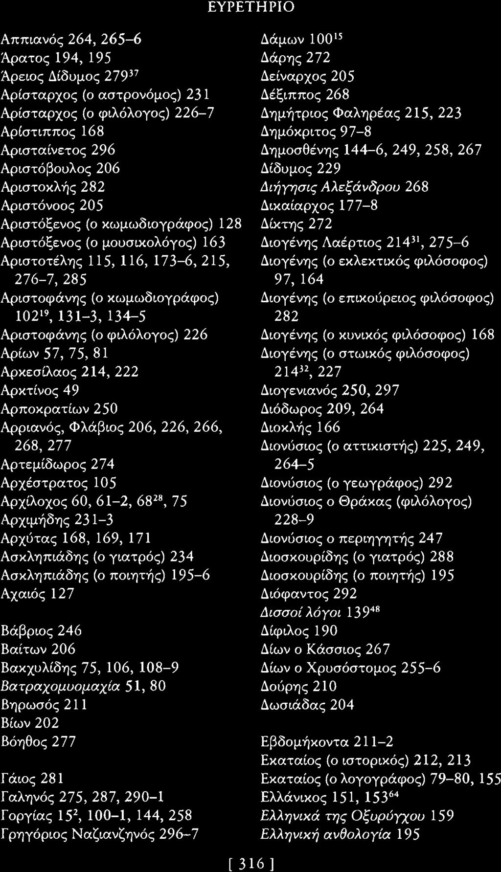 ΕγΡΕΤΗΡΙΟ Αππιανός 264, 265-6 Άρατος 194, 195 Άρειος Δίδυμος 27917 Αρίσταρχος (ο αστρονόμος) 231 Αρίσταρχος (ο φιλόλογος) 226-7 Αρίστιππος 168 Αρισταίνετος 296 Αριστόβουλος 206 Αριστοκλής 282