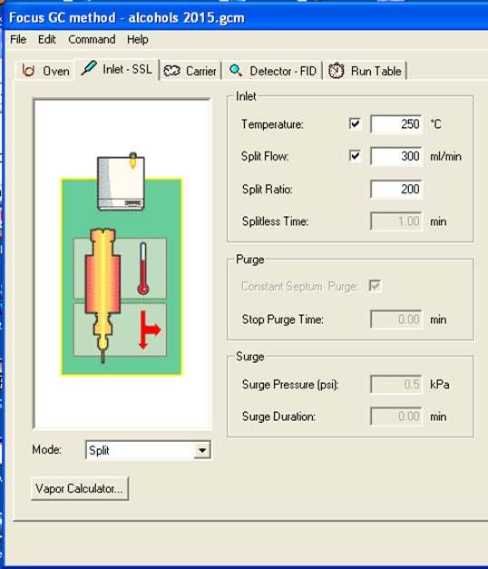 b) Εισαγωγέας, injector Split/SplitLess (Inlet-SSL): Στη καρτέλα αυτή ορίζονται οι παράμετροι για τη λειτουργία του εισαγωγέα.