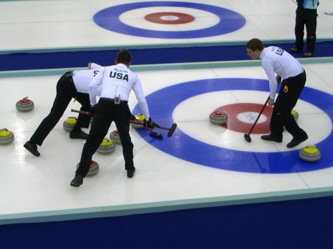 Curling Παίζεται μεταξύ 2 ομάδων 4 ατόμων σε ένα ορθογώνιο γήπεδο πάγου, διαστάσεων 42,07mX4,28m και με σχηματισμένους στόχους (houses) στο τέλος των στενών πλευρών του.