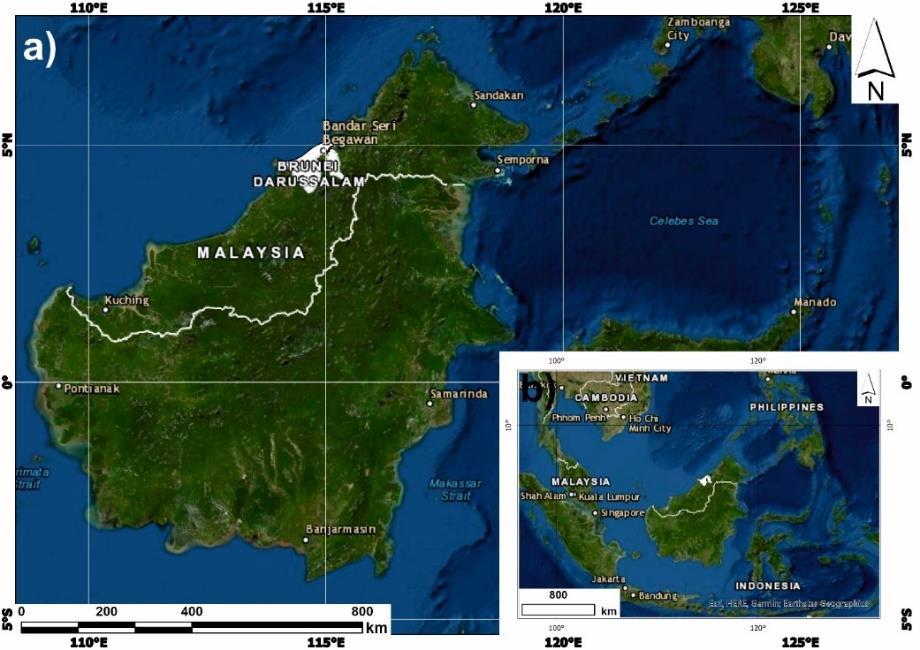 Εικόνα 1. α) Χάρτης της Νήσου Βόρνεο, με λευκό το Μπρουνέι Νταρουσσαλάμ, β) Θέση της Νήσου Βόρνεο στη ΝΑ Ασία.