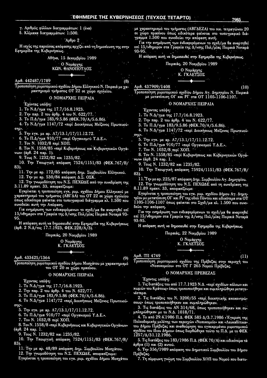 442487/1789 (8) Τροποποίηση ρυμοτομικού σχεδίου Δήμου Ελληνικού Ν. Πειραιά με χα ρακτηρισμό τμήματος ΟΤ 22 σε χώρο σχολείου. ' : Ο ΝΟΜΑΡΧΗΣ ΠΕΙΡΑΙΑ I. Το Ν.Δ/γμα της 17.7/16.8.1923., 2. Την παρ.