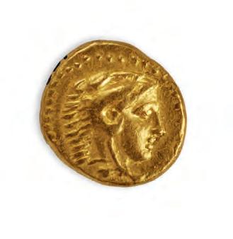 Χρυσό τέταρτο στατήρα Φιλίππου Β'. Εμπροσθότυπος: Νεαρός Ηρακλής. Ζώνη, β' μισό 4ου αι. π.χ.