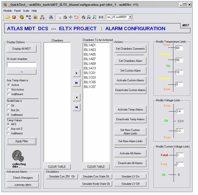 Figure 5.6: The panel to configure the alarms of the ELTX project.