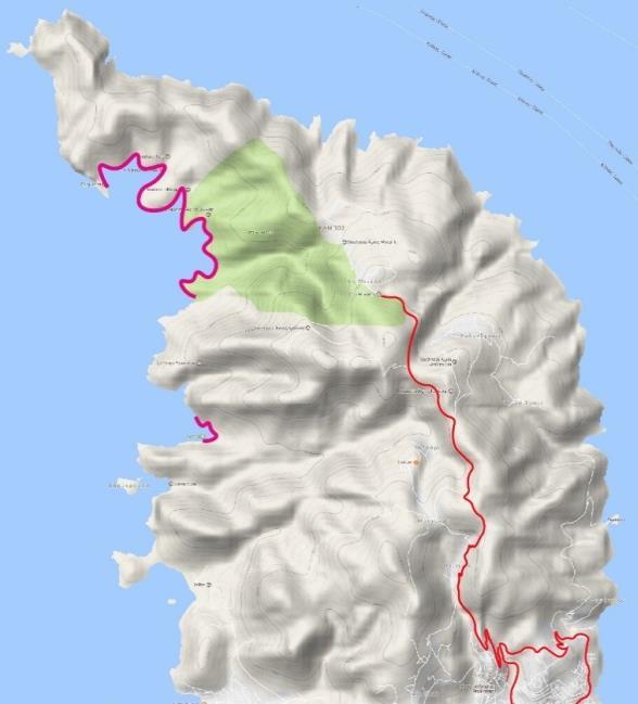 απεικονίζεται το βόρειο τμήμα. Με κόκκινο χρώμα συμβολίζεται το οδικό δίκτυο και με φούξια οι παραλίες που αναφέρονται παραπάνω.