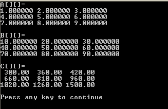 for(j = 0; j < ACOLS; j++) printf("%lf ", A[i][j]); printf("\n"); printf("\n"); printf("b[][]=\n"); //Εκτύπωσε τον πίνακα Β[][] γραµµή προς γραµµή : for(i = 0; i < BROWS; i++) for(j = 0; j < BCOLS;