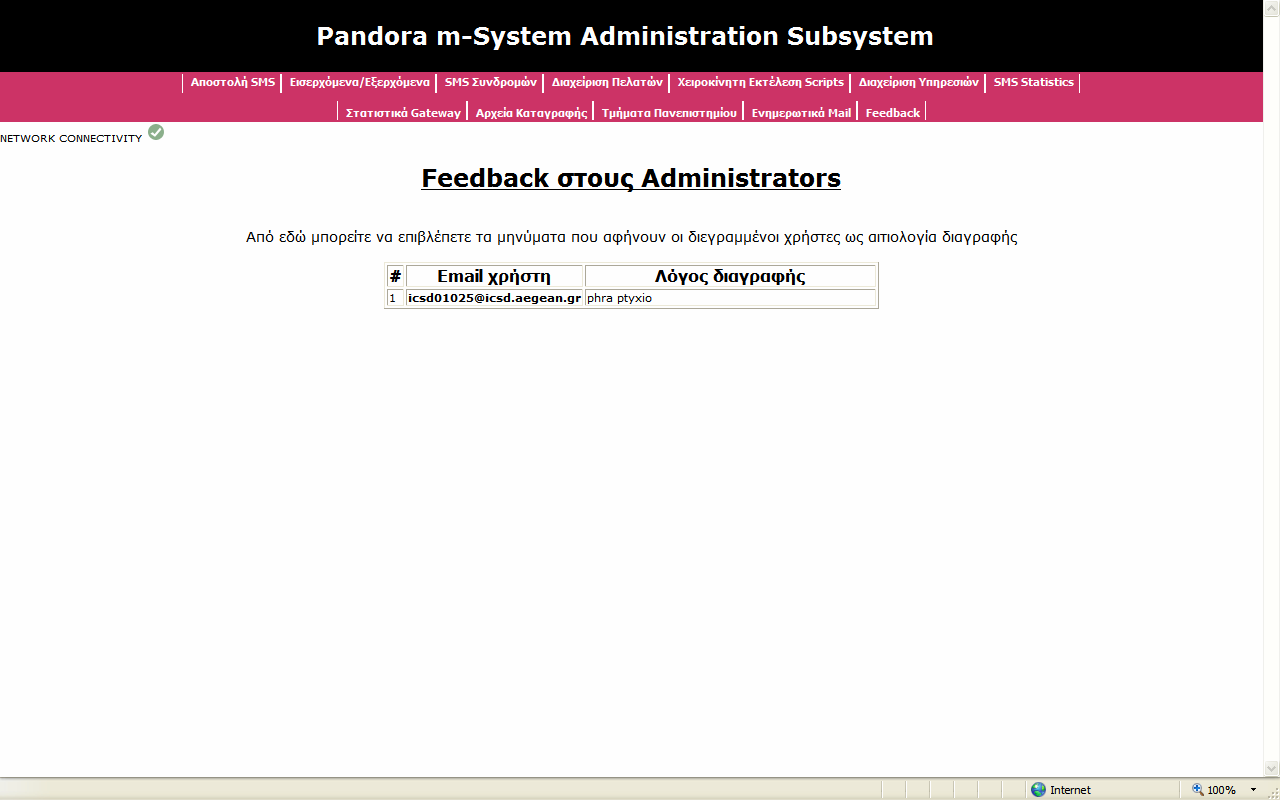 7.9 Feedback Οι χρήστες οι οποίοι προχωρούν σε διαγραφή, μπορούν να συντάξουν ένα κείμενο κατά τη διαγραφή τους στην ιστοσελίδα, στο οποίο να αναφέρουν τους λόγους διαγραφής τους από το σύστημα.