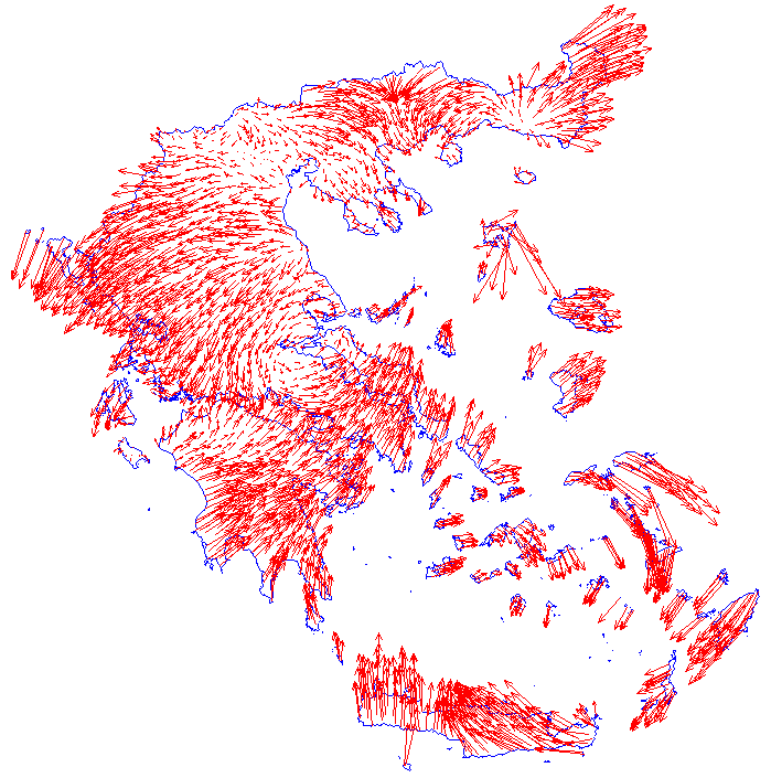 Εσωτερική συνοχή του ΕΓΣΑ87 Υπόλοιπα (residuals) ενός ενιαίου 7-παραµετρικού µετασχηµατισµού οµοιότητας µεταξύ HTRS07 και ΕΓΣΑ 87 για όλη τη χώρα (έως ~2.5m).