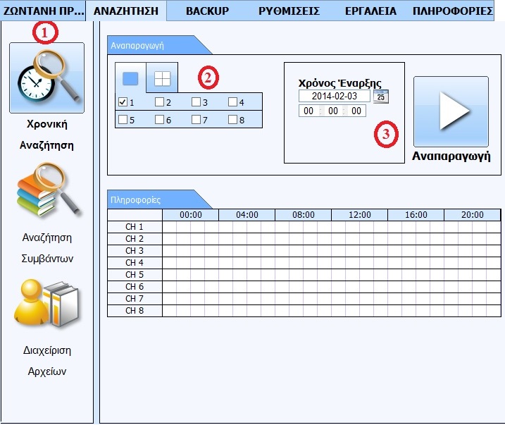 Αναπαραγωγή (Playback) από τον Internet Explorer Πατάμε ΑΝΑΖΗΤΗΣΗ 1) Επιλέγουμε ΧΡΟΝΙΚΗ ΑΝΑΖΗΤΗΣΗ για να κάνουμε αναπαραγωγή με βάση το χρόνο 2) Επιλέγουμε τον αριθμό των παραθύρων (μπορούμε 1 ή 4