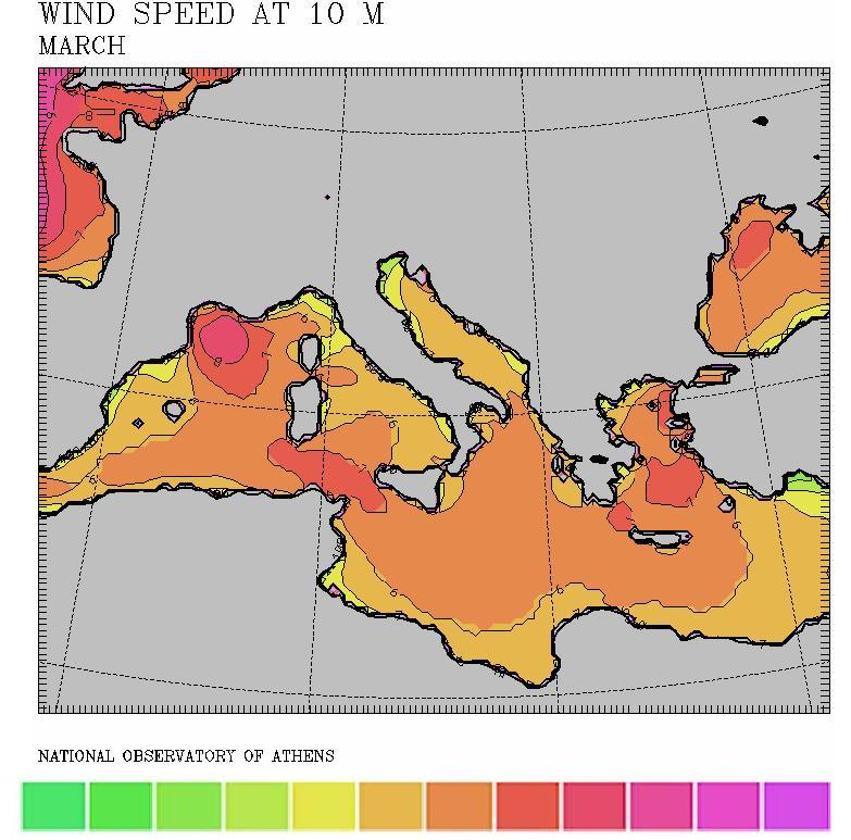 Στο σχήμα 2 φαίνεται ότι το μήνα Φεβρουάριο η μέση ένταση των ανέμων στο μεγαλύτερο μέρος της Μεσογείου δεν ξεπερνάει τα 6-7 m/s με το μέγιστο να παρατηρείται και πάλι στον Κόλπο του Λέοντος και στο