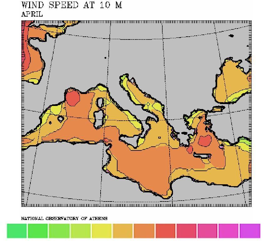 Ο μήνας Απρίλιος (σχήμα 4) δεν διαφοροποιείται σημαντικά από τον Μάρτιο καθώς και πάλι στο μεγαλύτερο μέρος της Μεσογείου οι