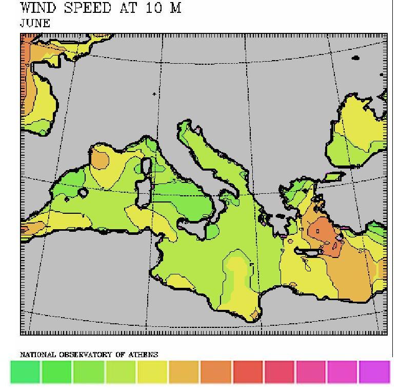 Ο Ιούνιος μήνας (σχήμα 5) χαρακτηρίζεται από την παρουσία των Ετησίων (Μελτέμια) στο Κεντρικό και Νοτιοανατολικό Αιγαίο με μέσες ταχύτητες μεγαλύτερες των 8 m/s καθώς στην υπόλοιπη Μεσόγειο η μέση