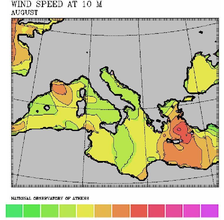 Τον Αύγουστο μήνα (σχήμα 8) κυριαρχούν και πάλι οι Ετησίες με τιμές μεγαλύτερες από 8 m/s ενώ η εικόνα στις υπόλοιπες περιοχές της Μεσογείου δεν διαφοροποιείται.