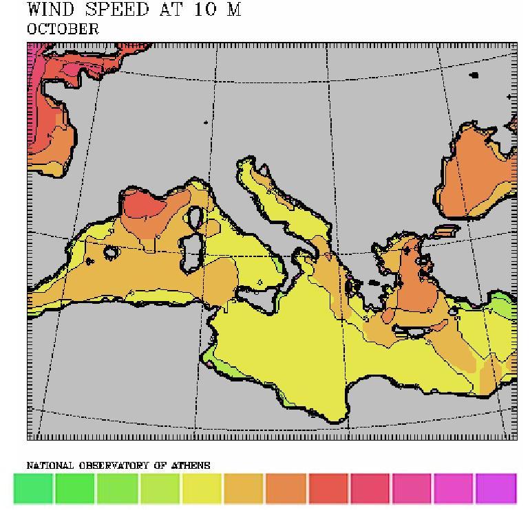 Το μήνα Οκτώβριο (σχήμα 10) με εξαίρεση τον Κόλπο του Λέοντος όπου η μέση ένταση φτάνει τα 7 m/s στην υπόλοιπη Μεσόγειο δεν
