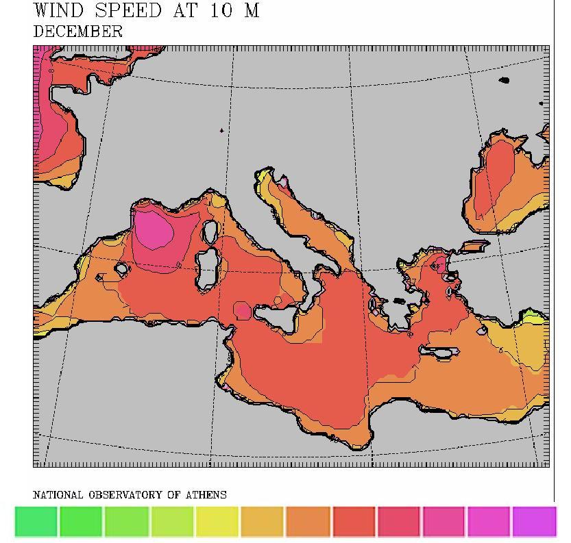 Το Δεκέμβριο μήνα (σχήμα 12) το πεδίο των μέσων ταχυτήτων παρουσιάζει σημαντικές ομοιότητες με αυτό του Ιανουαρίου καθώς στο μεγαλύτερο μέρος της Μεσογείου η