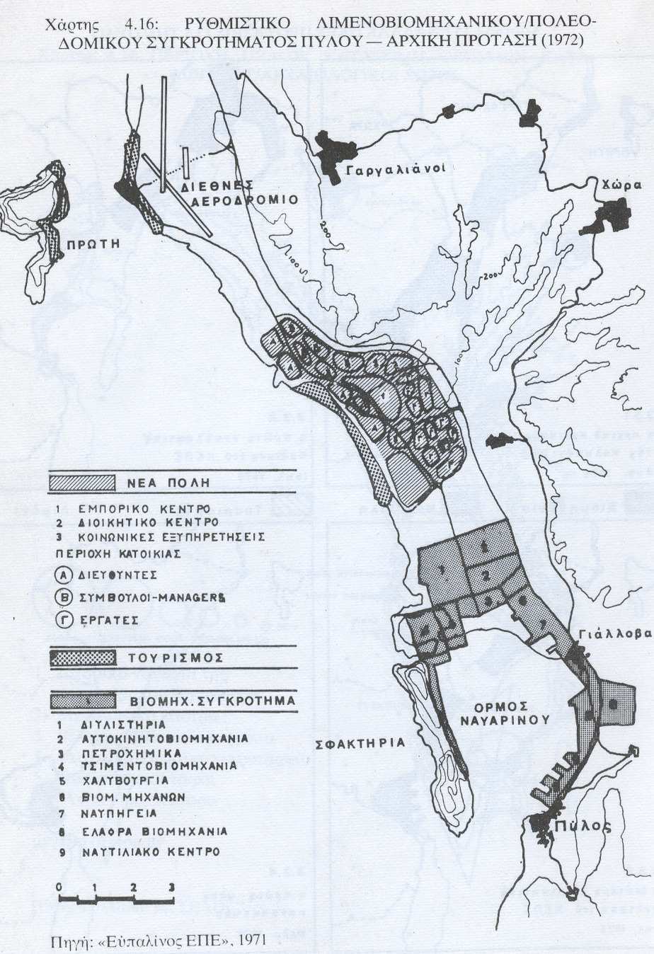 Χάρτης 6: Ρυθµιστικό Λιµενοβιοµηχανικού/πολεοδοµικού συγκροτήµατος Πύλου Αρχική πρόταση 1972. Πηγή: Χατζηµιχάλης και Βαΐου, 1979, σελ.