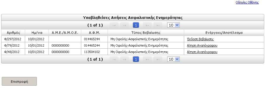 Υποβάλλοντας την αίτησή σας, εμφανίζεται μήνυμα, αντίστοιχο με το ακόλουθο: και το σύστημα σας μεταφέρει, εκ νέου, στην παρακάτω οθόνη με τις υποβληθείσες αιτήσεις.