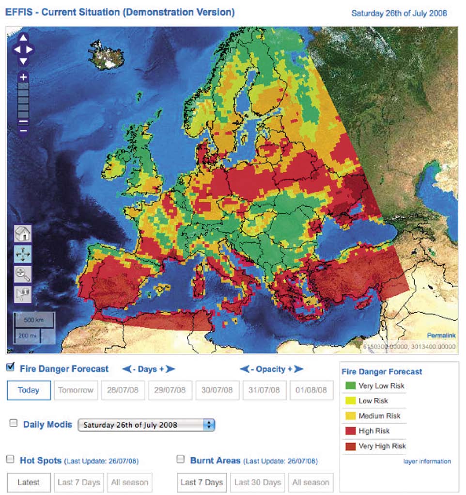 44 Η Ζωή Μας με τις Δασικές Πυρκαγιές: Η Άποψη της Επιστήμης Εικόνα 12. Χάρτης πρόγνωσης κινδύνου πυρκαγιάς στην Ευρώπη στις 26 Ιουλίου 2008 ΕΕ Κοινό Κέντρο Ερευνών.