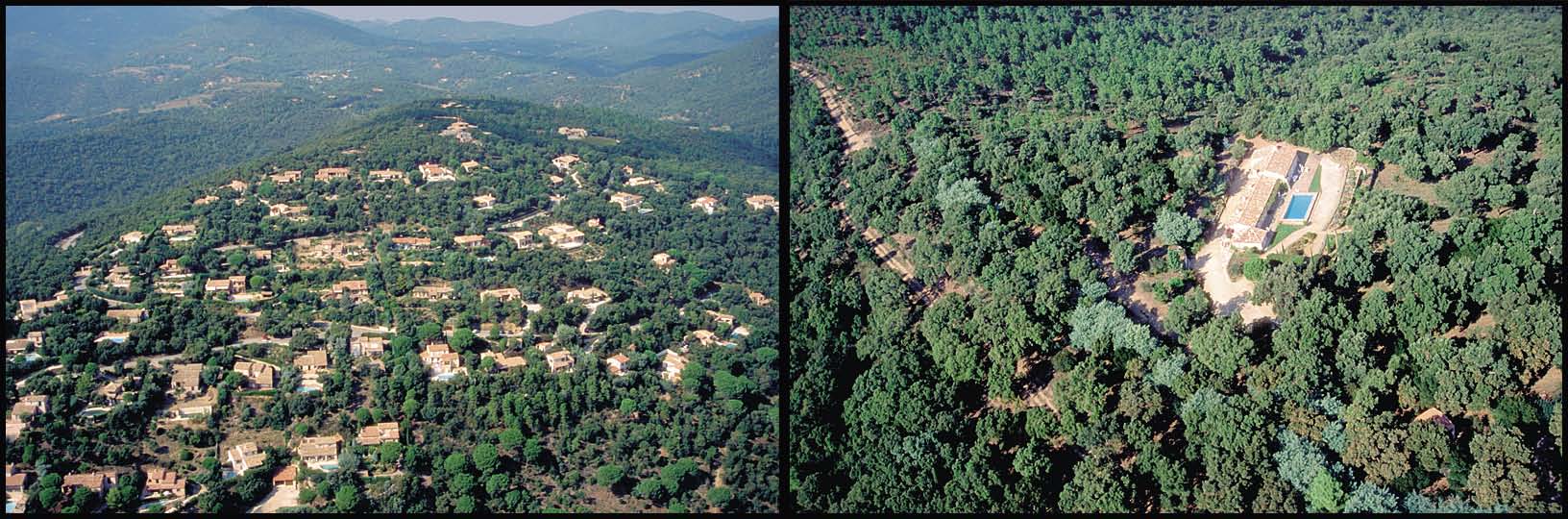 48 Η Ζωή Μας με τις Δασικές Πυρκαγιές: Η Άποψη της Επιστήμης Εικόνα 14. Δύο παραδείγματα από ζώνες μίξης δασών οικισμών (WUI): πυκνή δόμηση (αριστερά) και απομονωμένη κατοικία (δεξιά) σε δασικό τοπίο.