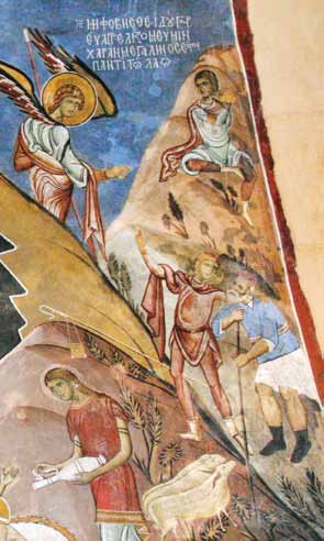 Διδάσκοντας τη Βυζαντινή Κύπρο μέσα από τις πηγές 61. Ο ευαγγελισμός των ποιμένων, λεπτομέρεια από την παράσταση της Γέννησης, Παναγία του Άρακος, Λαγουδερά, 1192.