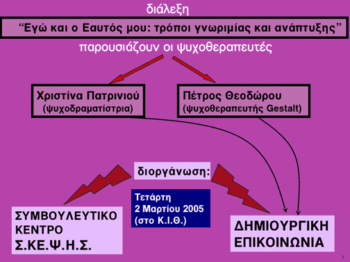 "Εγώ και ο Εαυτός µου: τρόποι γνωριµίας και ανάπτυξης" (διάλεξη-2005) διάλεξη, ανοιχτή για το κοινό, από τους ψυχοθεραπευτές Χριστίνα Πατρινιού και Πέτρο Θεοδώρου διοργάνωση : Συµβουλευτικό Κέντρο Σ.