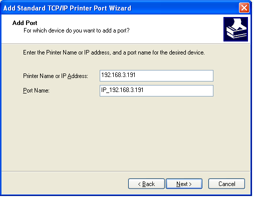 Εγκατάσταση σε Windows 4. Στο πεδίο Printer Name or IP Address [Όνοµα ή διεύθυνση IP εκτυπωτή] εισάγετε τη διεύθυνση IP του διακοµιστή εκτύπωσης. Παράδειγµα: 192.168.3.191.