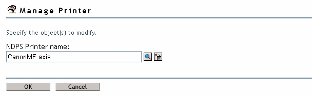 ιαχείριση του νέου εκτυπωτή που δηµιουργήθηκε Επιλέξτε Roles and Tasks iprint Manage Printer και καθορίστε ποιον εκτυπωτή NDPS θα τροποποιήσετε (π.χ. CanonMF.axis).