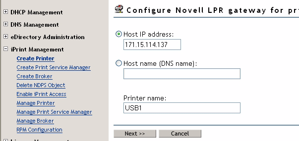 Προσθήκη εκτυπωτών στο NetWare ιαµόρφωση παραµέτρων Πύλης Novell LPR για τον εκτυπωτή που δηµιουργήθηκε Για να διαµορφώσετε τις παραµέτρους της πύλης, καταχωρήστε τη Host IP address (διεύθυνση IP του