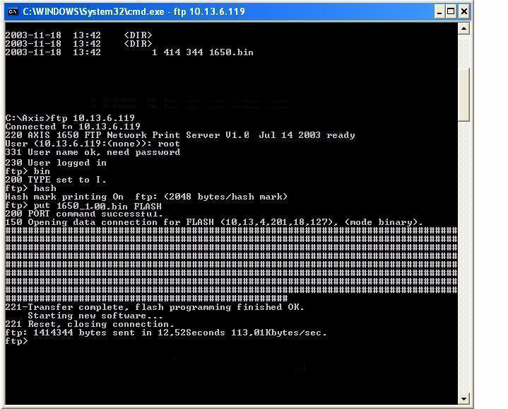 Αναβάθµιση του Firmware 5. Συνδεθείτε στο διακοµιστή εκτύπωσης χρησιµοποιώντας ftp: Πληκτρολογήστε ftp <διεύθυνση IP του διακοµιστή εκτύπωσης> και πατήστε Enter Παράδειγµα: ftp 192.168.0.90 6.