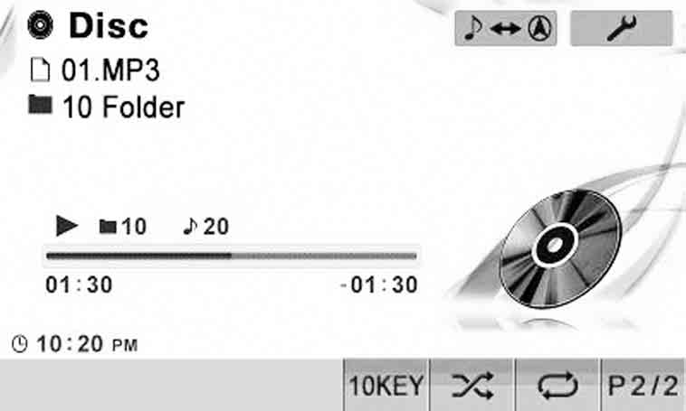 CD/MP3/WMA/AAC Παράδειγμα απεικόνισης για την κύρια οθόνη MP3/WMA/AAC Κουμπί [ ]: Ανατρέξτε στη σελίδα 29 CD: Εμφανίζει το κείμενο κομματιού*/κείμενο δίσκου*.